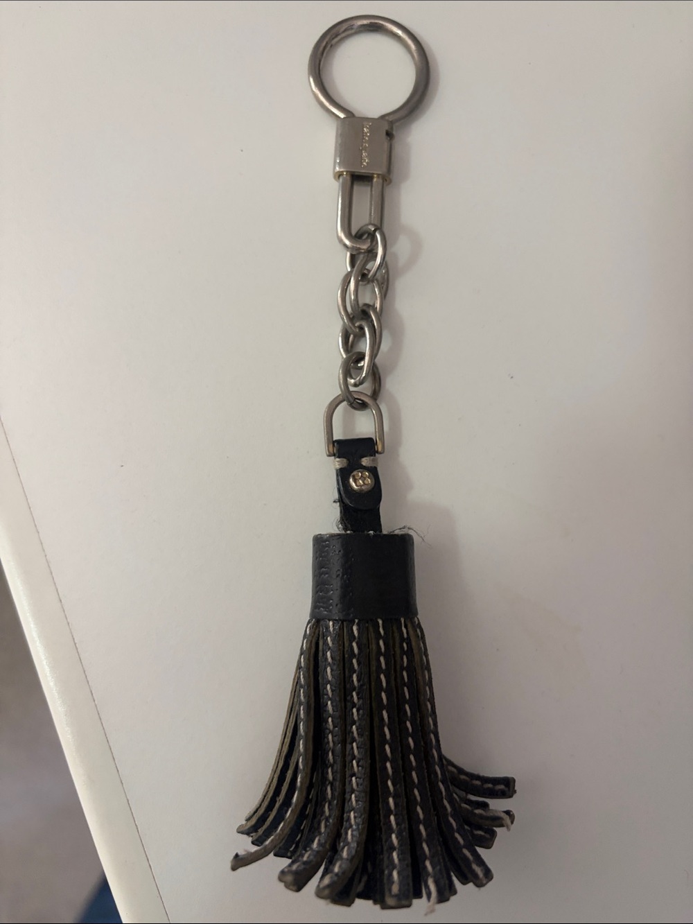 kate spade Black Leather Tassel Keychain with Silver Hardware